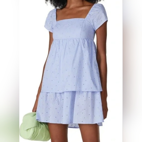 RTR Now Dresses & Skirts - RTR Now Blue Embroidered Floral Eyelet Babydoll Square Neck Tiered Mini Size L